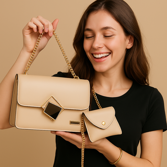 2 Pcs PU leater Hand bag With Long Golden Chain For Girls