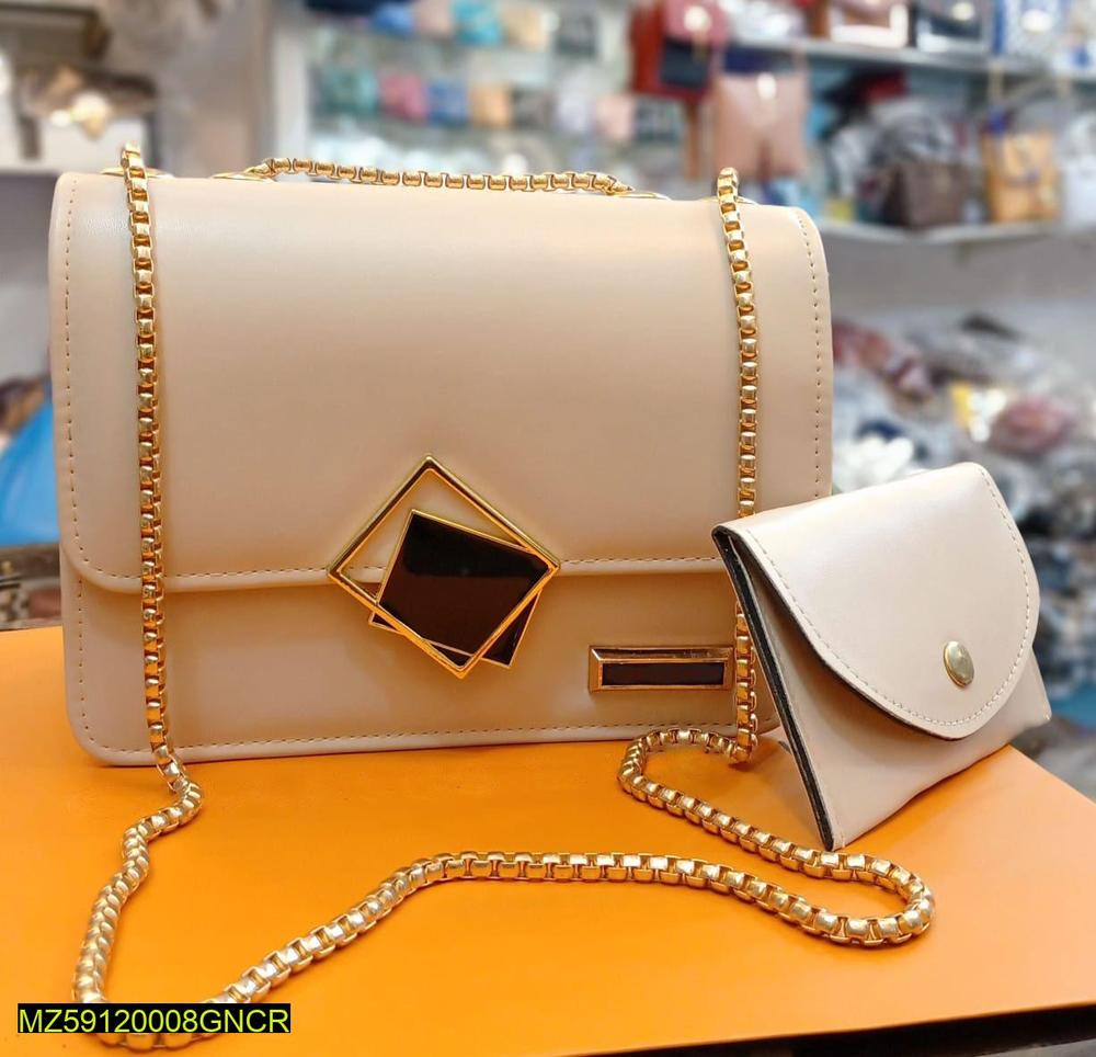 2 Pcs PU leater Hand bag With Long Golden Chain For Girls